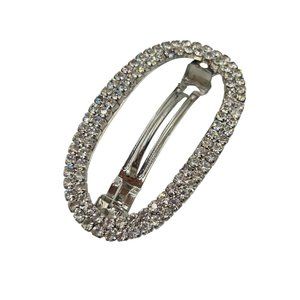 Vintage Hair Barrette Clip Silver Tone and Clear Rhinestones Oval Ring Shaped